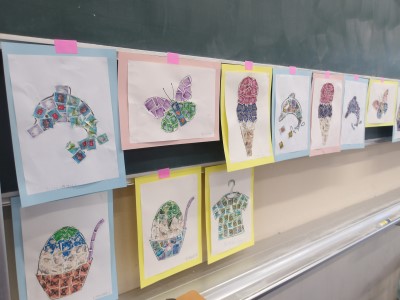 切手の貼り絵。みんなの作品。