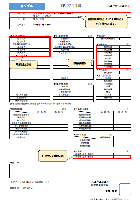 課税証明書サンプル画像