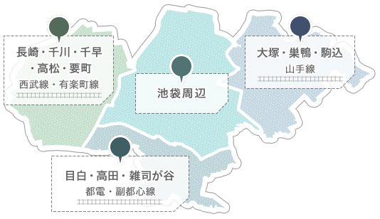 長崎・千川・千早・高松・要町　西武線・有楽町線　池袋周辺　大塚・巣鴨・駒込　山手線　目白・高田・雑司が谷　都電・副都心線